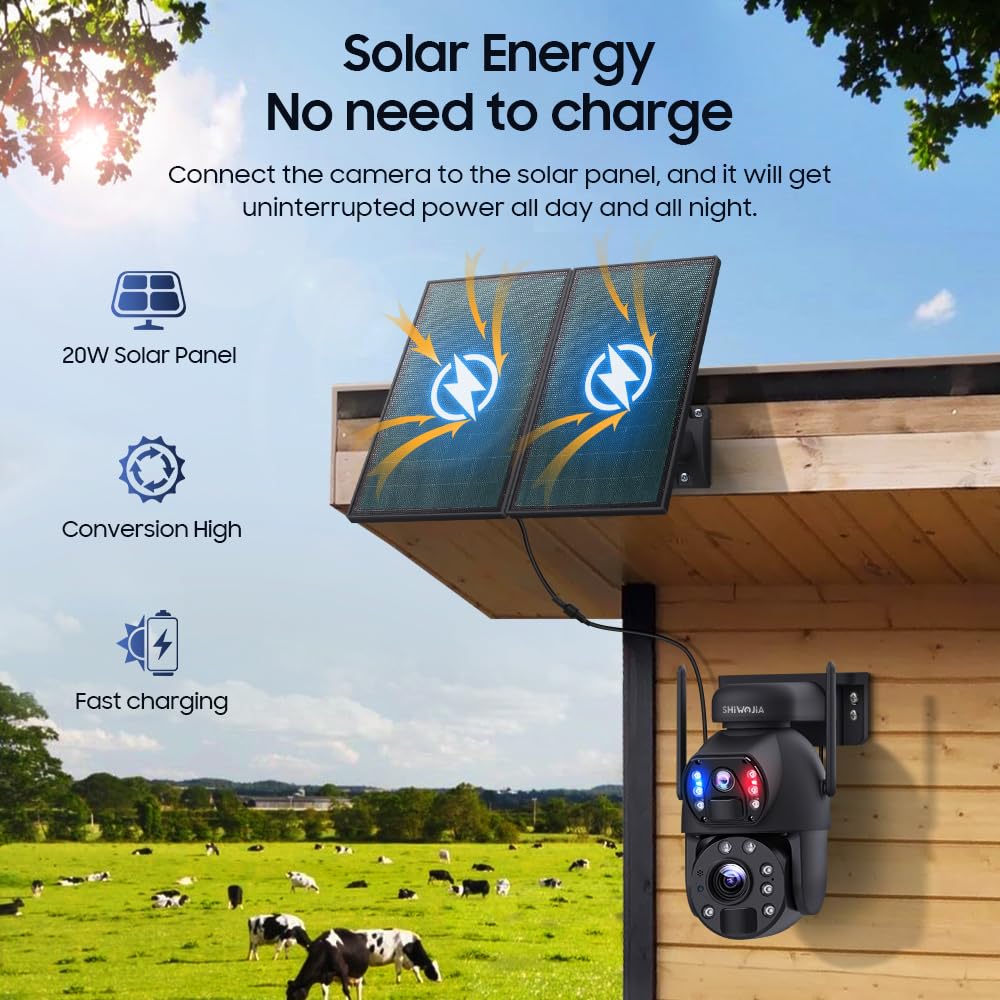 SHIWOJIA Zewnętrzna kamera 6 MP z dwoma obiektywami, 4G LTE Solar Surveillance Camera z 20 W panelem słonecznym 20 000 mAh, 20 x zoom noktowizor kolor, IP66