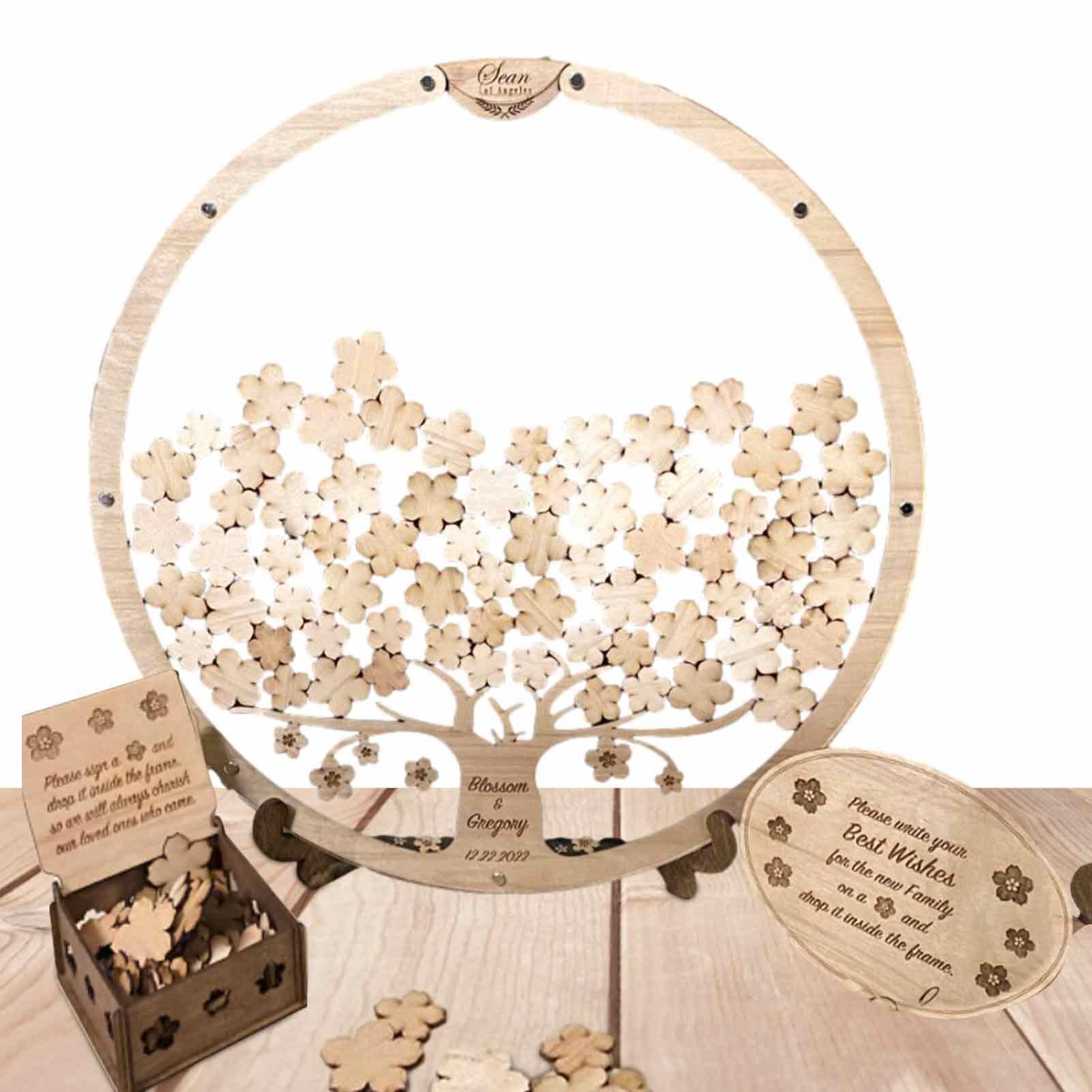 Alternative zum Gästebuch für Hochzeit - 1 Set Boxen | Holzanhänger mit rundem Rahmen und Blumen | Gästebuch, personalisierte Erinnerung,