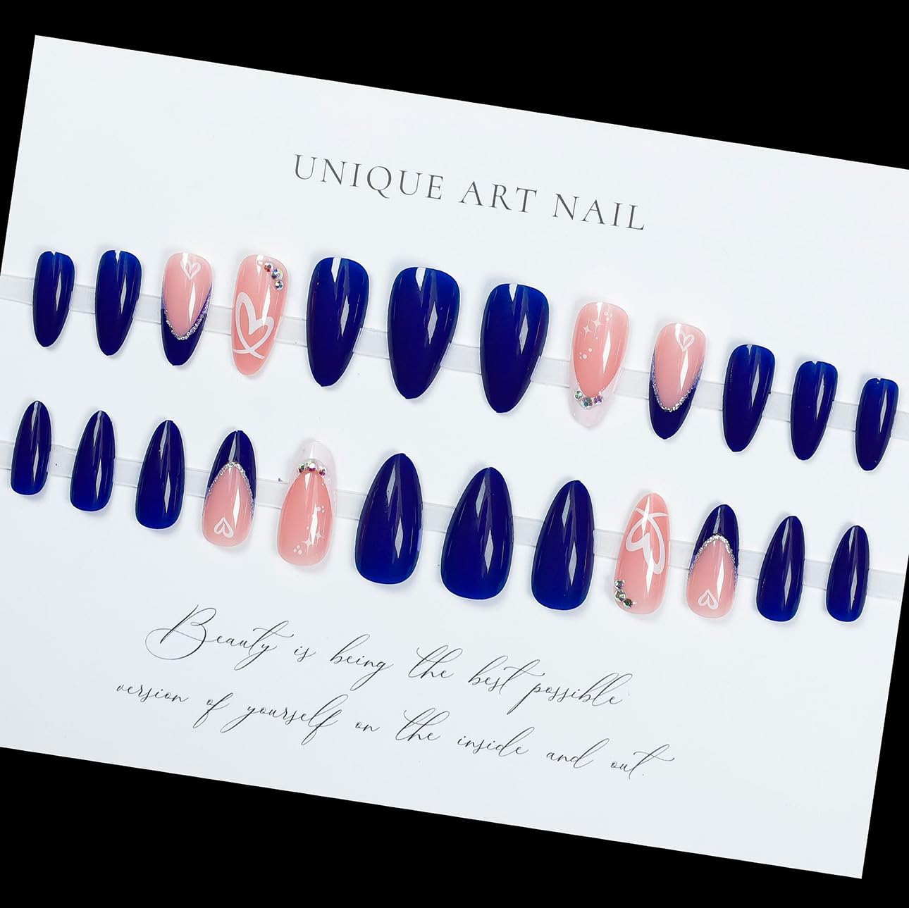 LPOODDNU Almond Press on Nails - Dark Green Medium Fake Nails with Leaf Designs, Glossy Finished Reusable False Nails with Double Adhesive Glue Tabs - 24Pcs Nail Kit for Women Manicure: blue french tip heart