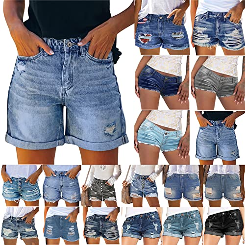 Utelka Women's Destroyed Jean Shorts Elastic Rise Pull On Bermuda Denim Shorts Pocket Baggy Casual Shorts Plus Size #TOP18