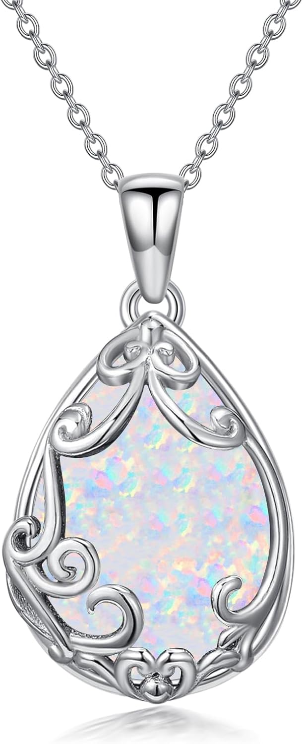Teardrop Necklace 925 Sterling Silver Filigree Gemstone Pendant Necklace Fine Jewelry Birthday Valentine's Day Gifts for Women Her Mom