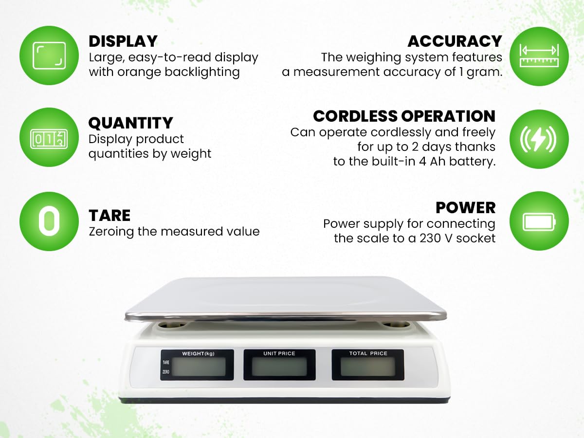 Báscula de Tienda, Electrónica, Pantalla Digital, Capacidad de Carga de hasta 40 kg, 3 Pantallas, Dimensiones de la Plataforma 32 x 23 cm, Báscula de Tara, Precisión de 2 Gramos, HDWR wagPRO-S40