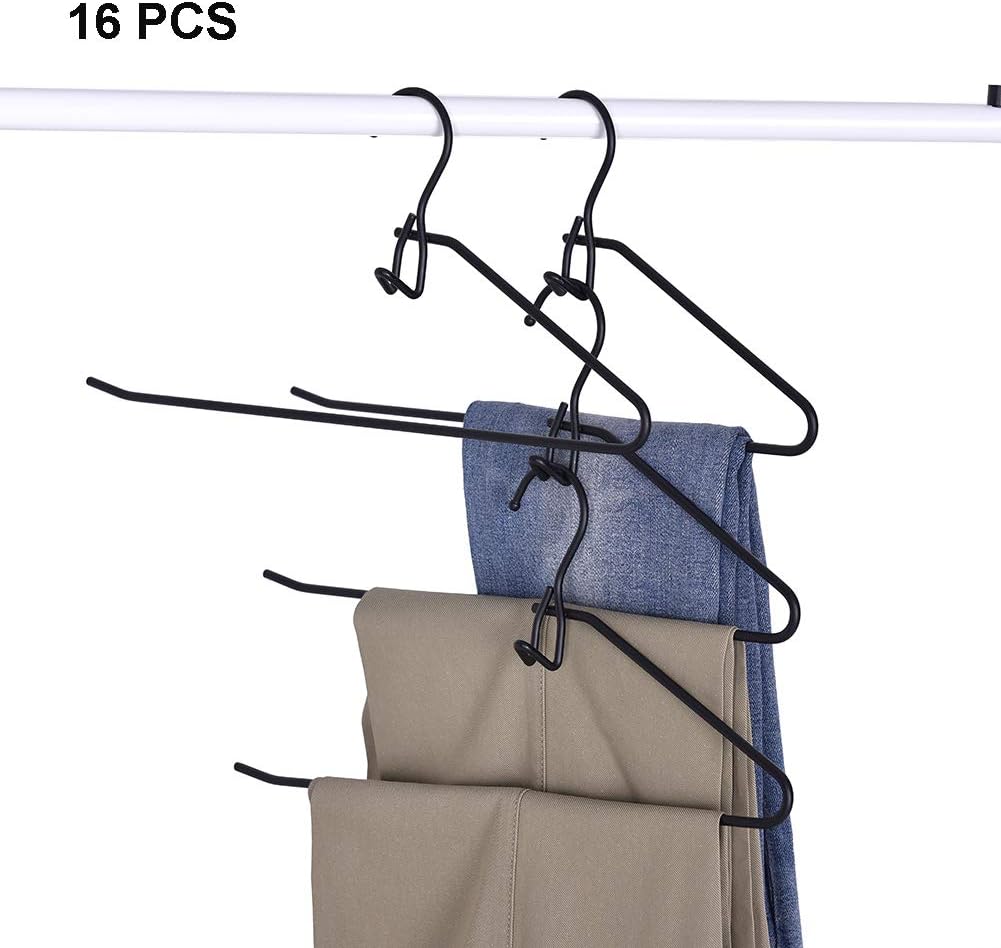 JS HANGER Pant Hangers, Metal Slack Hangers Open-Ended Stackable Trousers Hangers, with Add-On Hook - Black, Set of 16.