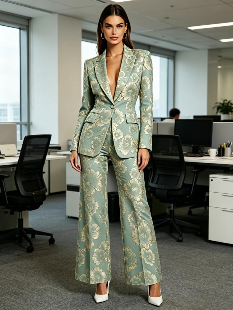 Womens 2 Piece Pant Suit Floral Jacquard Formal Blazer Wide Leg Pants Set for Wedding Guest Office Business Party