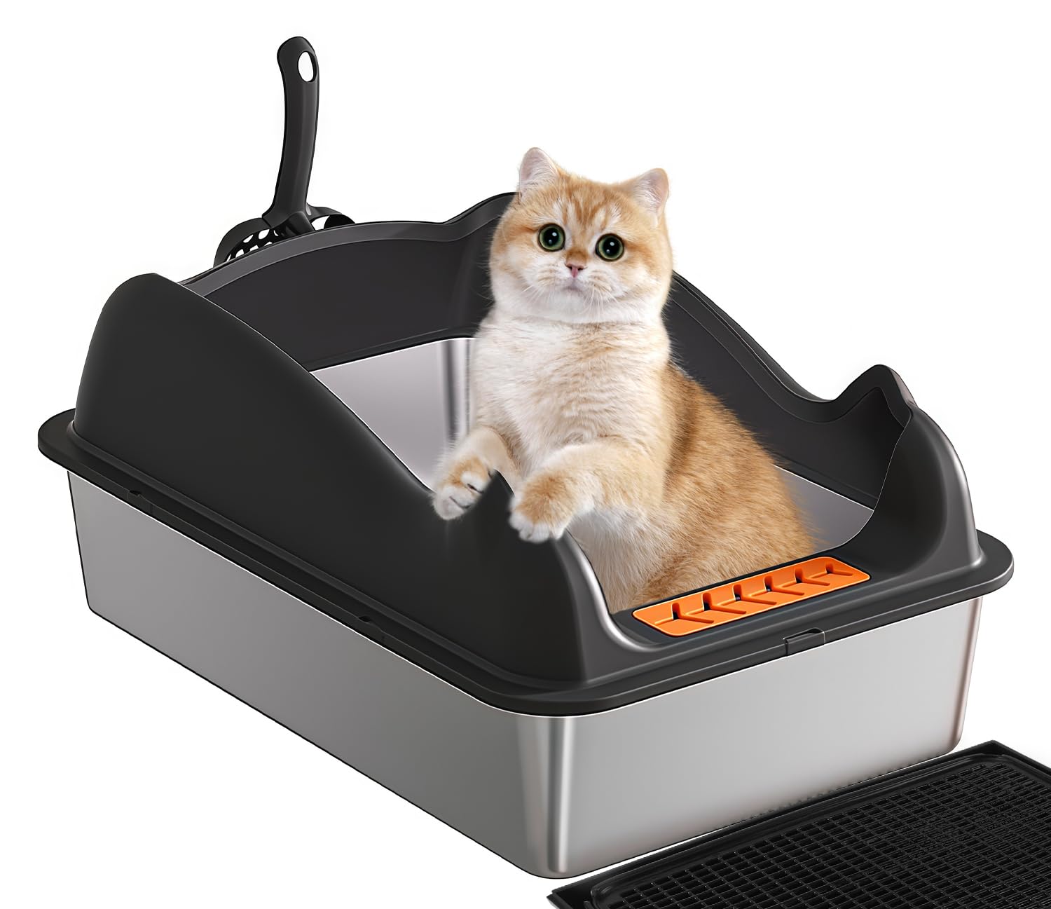Bac Litière pour Chat en INOX, Maison de Toilette Chat avec Pelle et Tapis Litière, Bord Haut, Anti-Fuite, Amovibles, Facile à Nettoyer, pour Chats Adultes, Chatons, Lapins