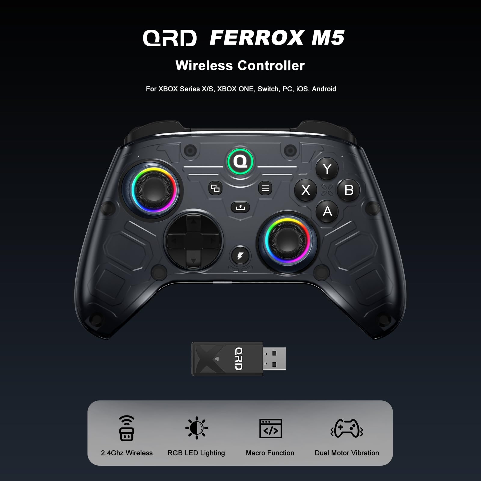 QRD Controller wireless FERROX M5 per Xbox Series X|S, Xbox One,Switch, PC, controller Xbox con dongle USB da 2,4 Ghz, registrazione macro flessibile, Turbo