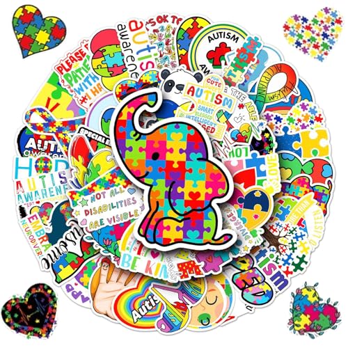 Autism Awareness Stickers 50 Pcs Autism Awareness Waterproof Vinyl Decals for Water Bottles Laptop Luggage Cup Computer Mobile Phone Skateboard Guitar Helmet Snowboard Dcor