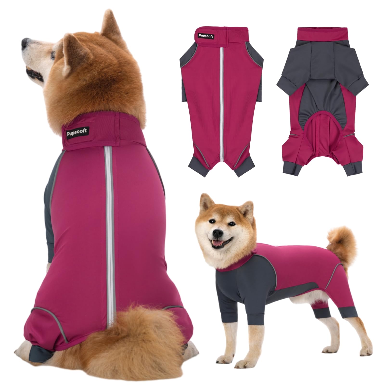 Outdoor Dog Body Suit, Water-Repellent & Dirt-Proof Dog Jumpsuit with Elastic Fit & Reflective Trims, Shedding Control, All-Weather Protection for Recovery Dogs Apparel (Berries, Medium)