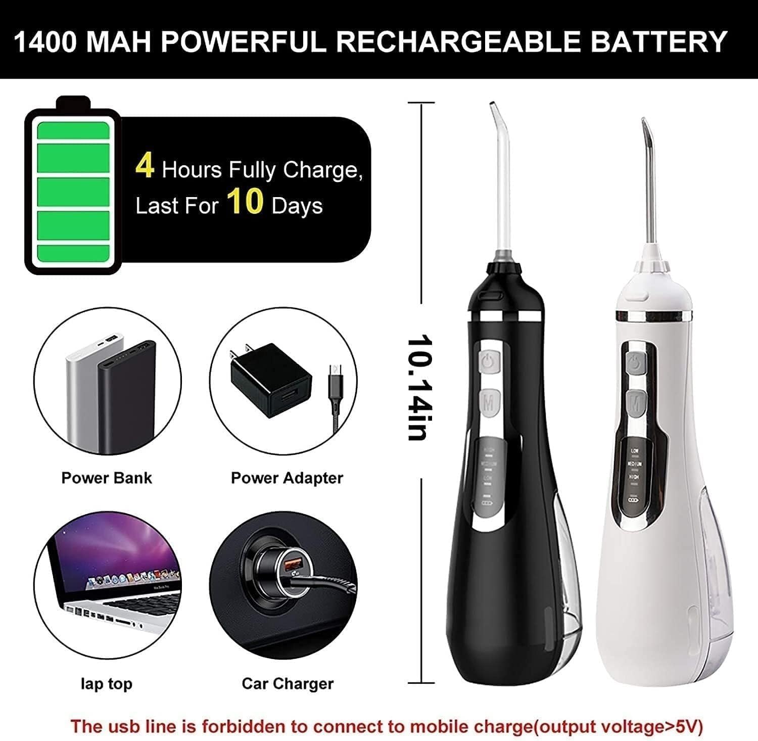 Irrigador bucal portátil con 3 Modos, 4 boquillas reemplazables, Recargable, Impermeable, for Uso doméstico y de Viaje, depósito extraíble de 200 ml.