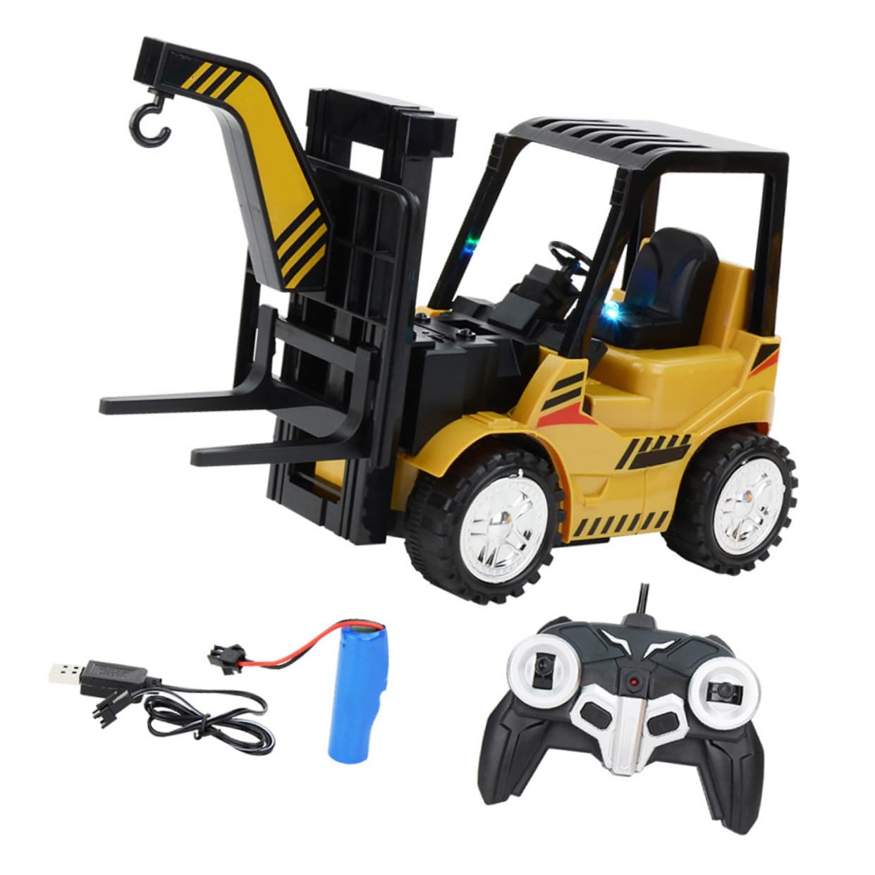 Carrello Elevatore Giocattolo Telecomandato Nero in Plastica Movimenti Flessibili e Batteria Ricaricabile, Veicolo Multifunzione per Bambini e Giochi Educativi
