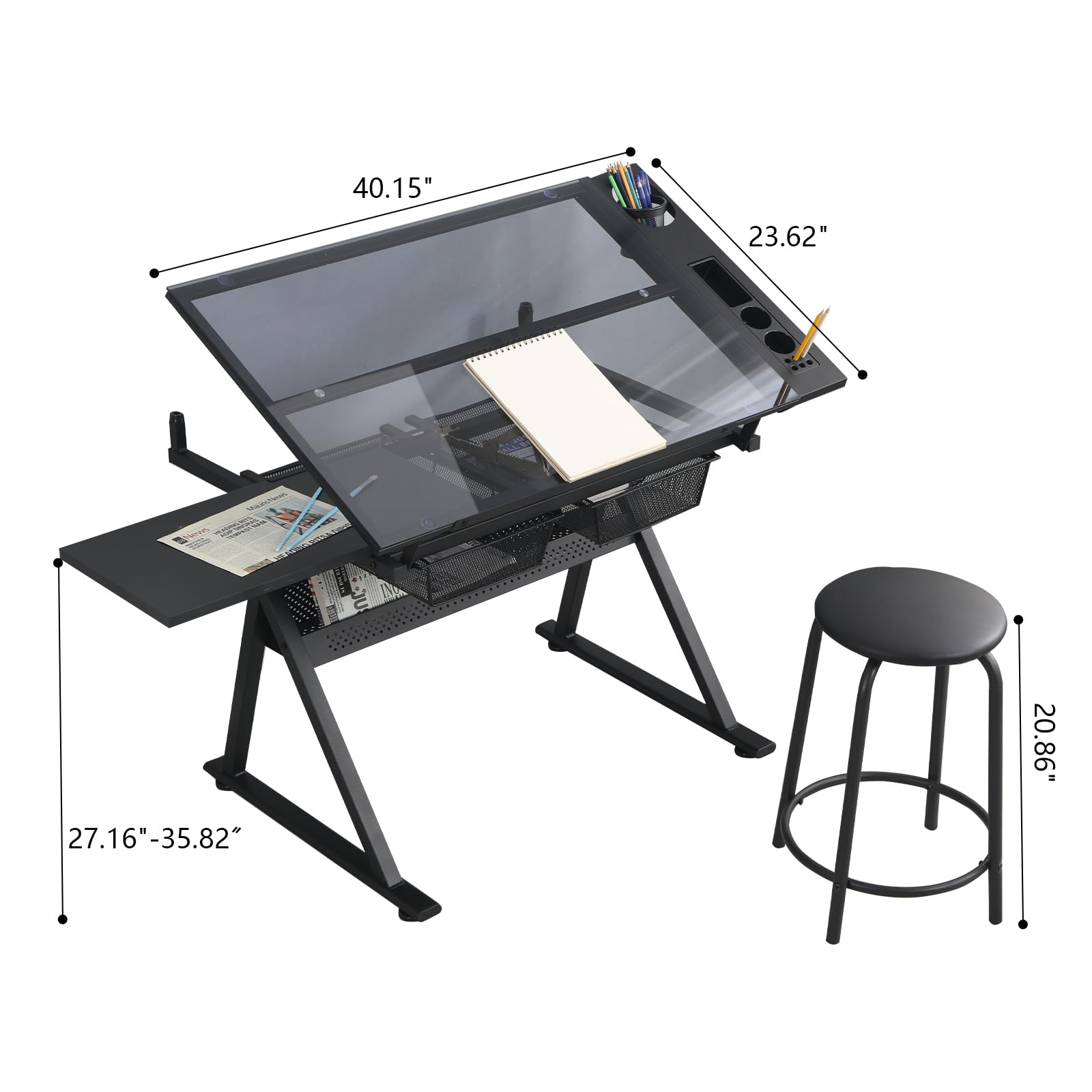 ALYIAMXL Drafting Table w/Stool, Painting Table Art Craft Desk Crafting Table with Tilting Tempered Glass Top, 2 Storage Drawers, Height Adjustable (Black)