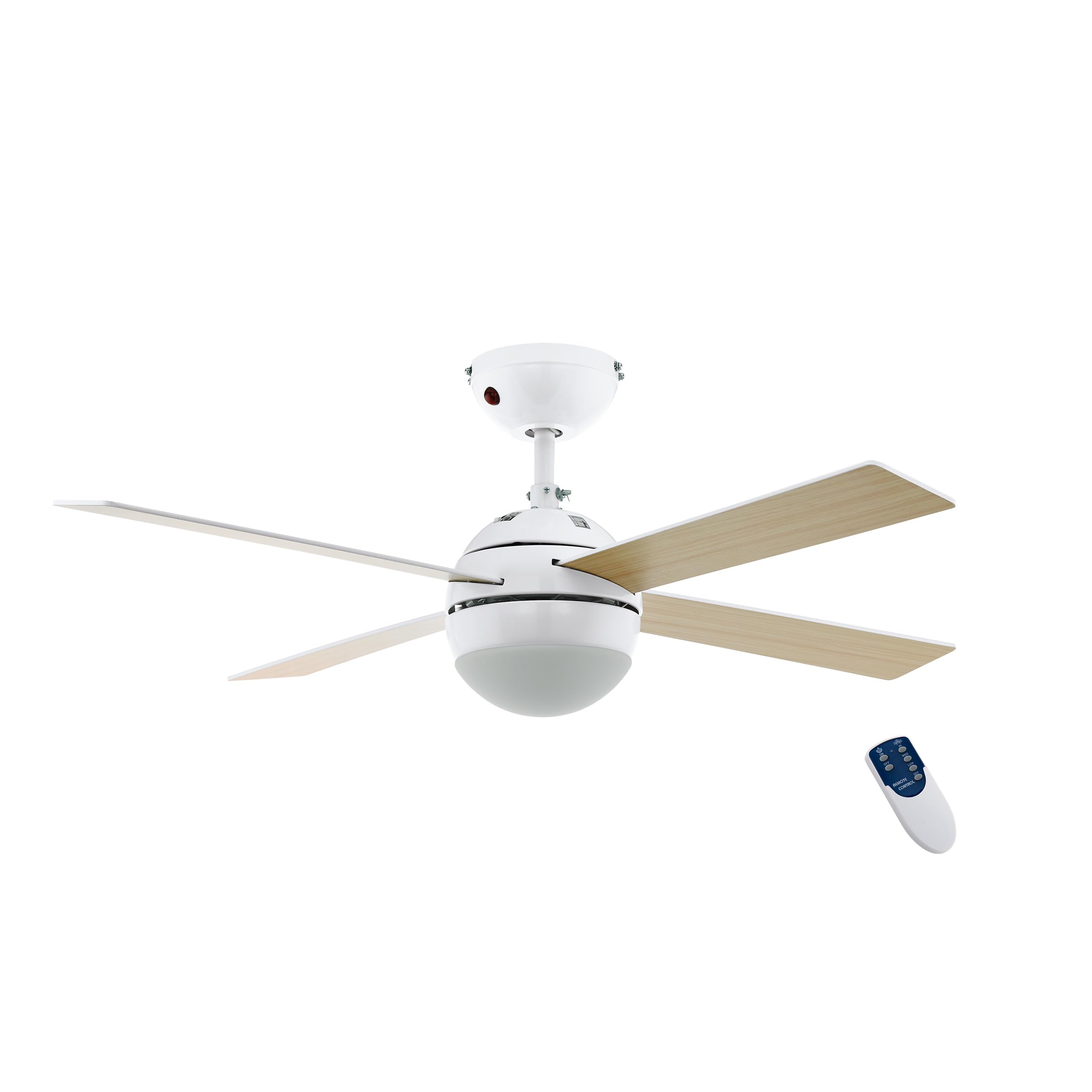 EGLO LED Deckenventilator Losciale, mit Fernbedienung, 4 Flügel Ventilator mit Beleuchtung, Ventilatorlampe Decke mit Sommer Winter Betrieb, Metall in Weiß und Holz, AC Motor, Ø 106,6 cm