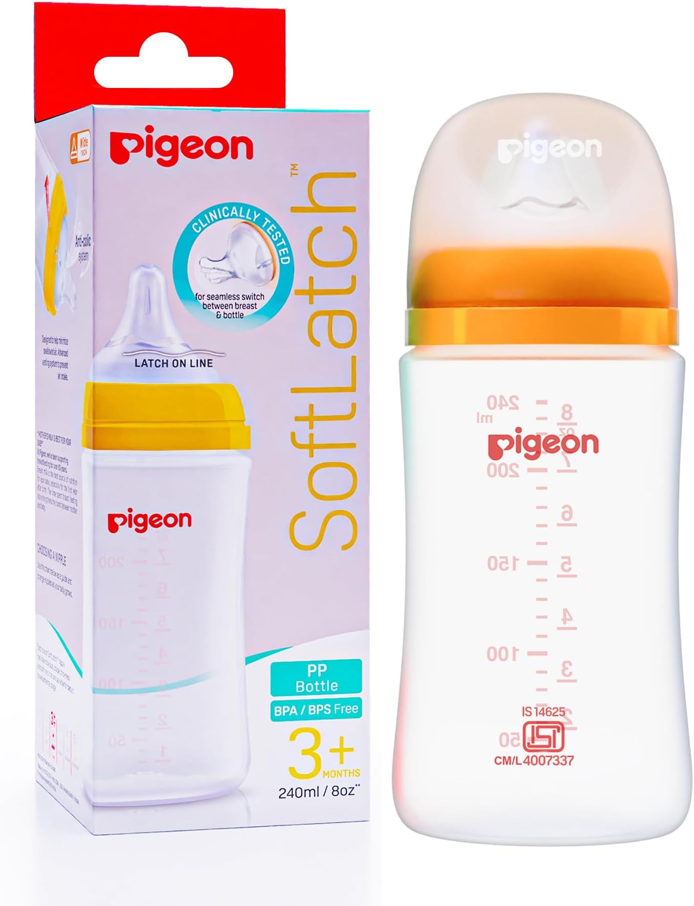 Softlatch Baby Feeding Bottle for New Born| Japan's No.1 Brand | Wide Neck | with Anti-Colic Nipple | 3+ Month Babies | Yellow Colour | 240ml Nipple
