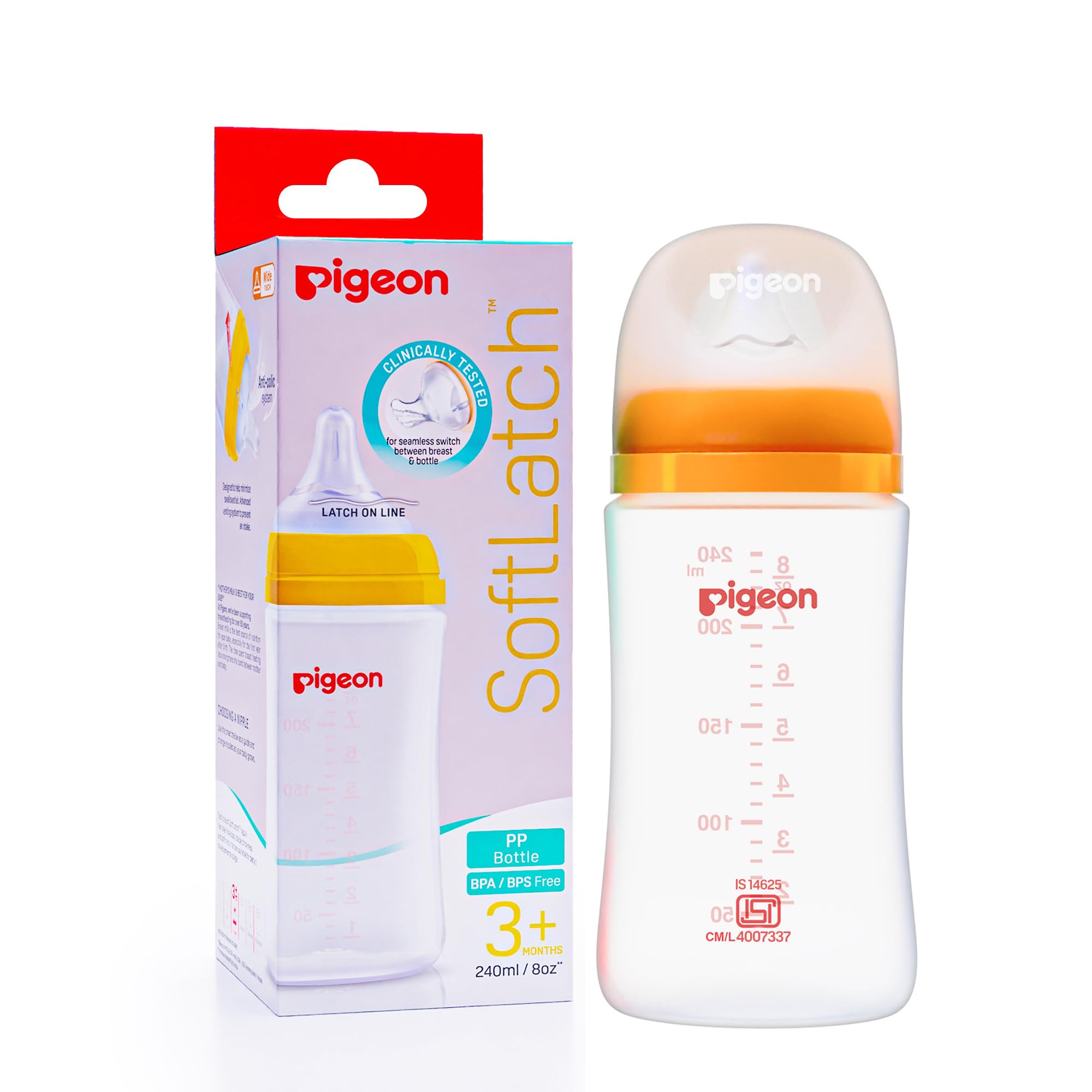 Pigeon Softlatch Baby Feeding Bottle for New Born| Japan's No.1 Brand | Wide Neck | with Anti-Colic Nipple | 3+ Month Babies | Yellow Colour | 240ml Nipple