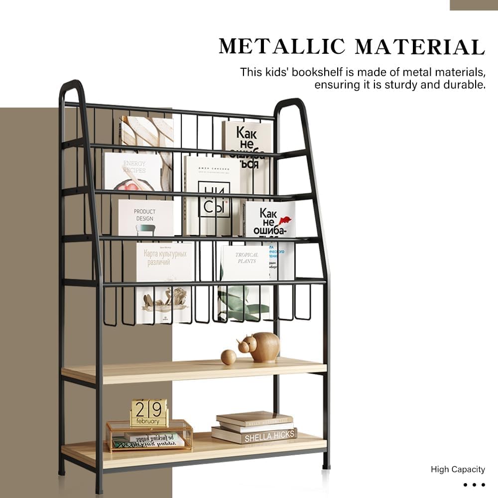 Bookshelf for Kids,Modern Magazine Rack Floor,Freestanding Bookcase for Books,Kids Picture Books,CD DVD & Vinyl Record Storage,Metal Display Shelf with Wooden Shelves (Black, L:39.4")