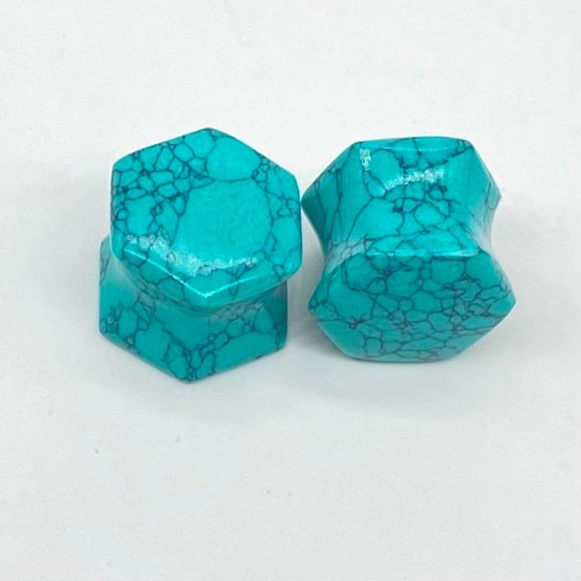 Blue Turquoise Black Veining Stone Double Flared Hexagon Ear Plugs | Stone Body Piercing Jewelry | Handmade Tribal Style Gauges for Stretched Ears