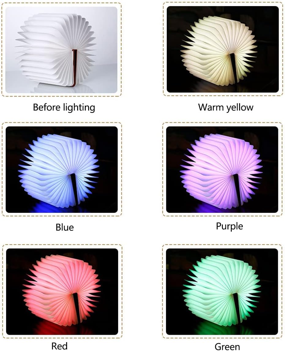 Folding Book Lamp Mood Light, 5 Colors Novelty LED Night Light Book-Shaped Desk Light, USB Rechargeable Wooden Bedside Table Lamp for Home Decor Birthday Gift