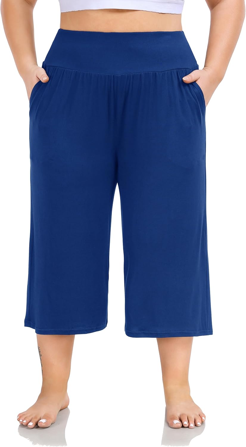 ZERDOCEAN Women's Plus Size Wide Leg Capris High Waist Yoga Pants Casual Loose Lounge Pants with Pockets