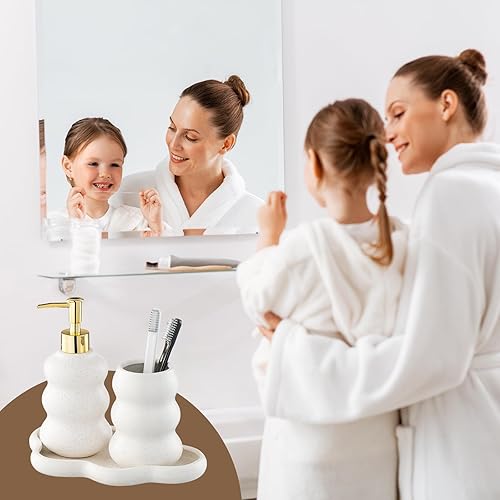 Miniatura 7 de Juego de accesorios de baño de cerámica de 3 piezas con diseño de esmalte de punta de arena, bandeja, dispensador de loción y vaso, lleva la