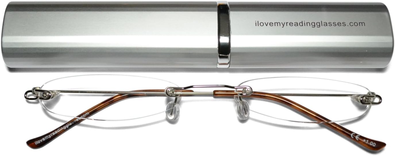Rimless Silver Reading Glasses +2.5 Light Sturdy and Reliable in Several Metal Finished Colours,Free Aluminium Matching case/CE Certified/EN ISO 12870