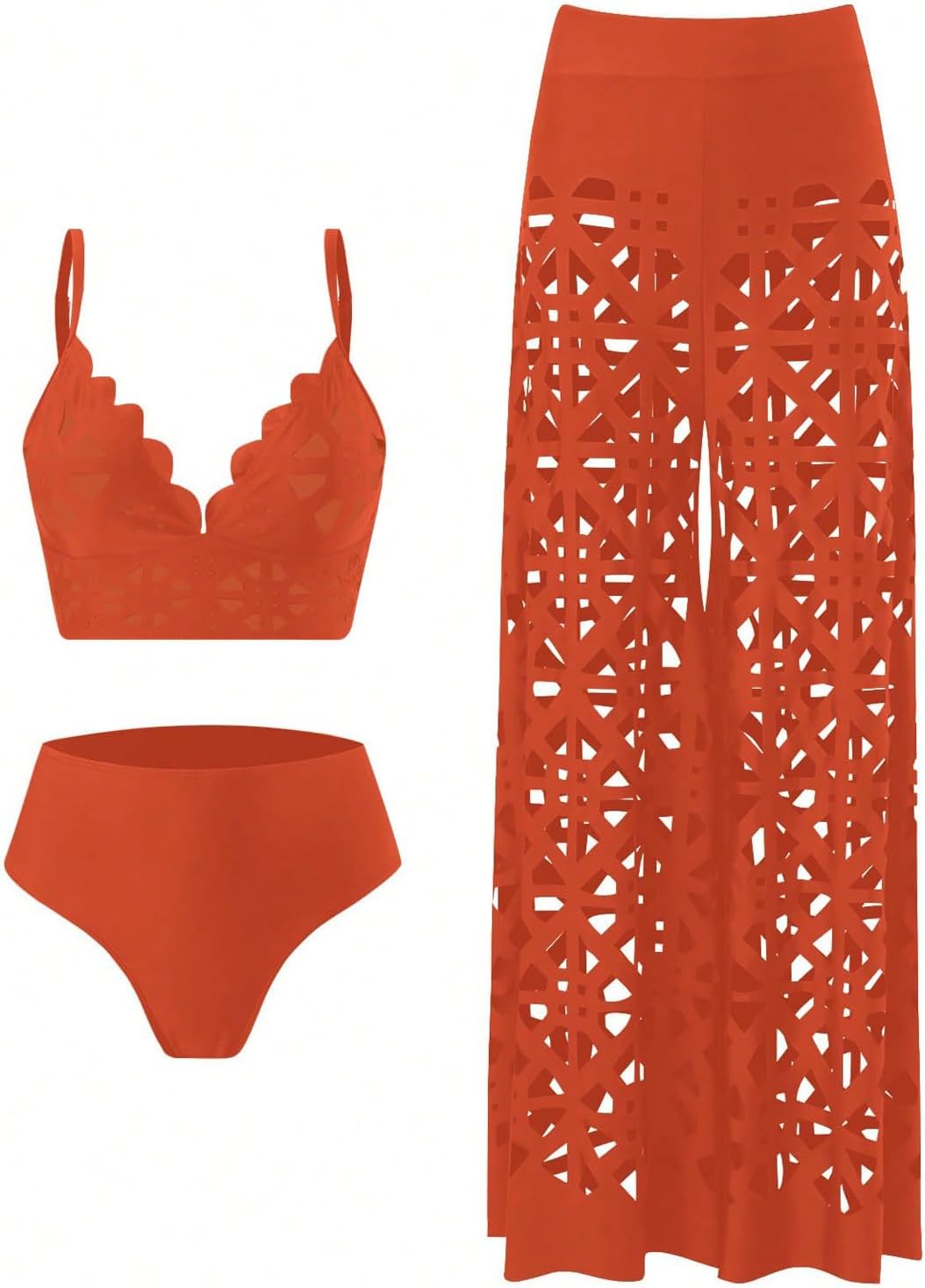 WDIRARA Women's 3 Piece Swimsuit Hollow Out Bikini Set with Cover Up Pants