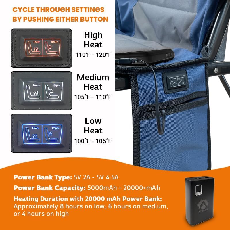 Miniatura 5 de ExtremeHEAT Silla de camping inalámbrica con batería externa de 20,000 mAh  Silla eléctrica recargable con calefacción para camping, portón trasero