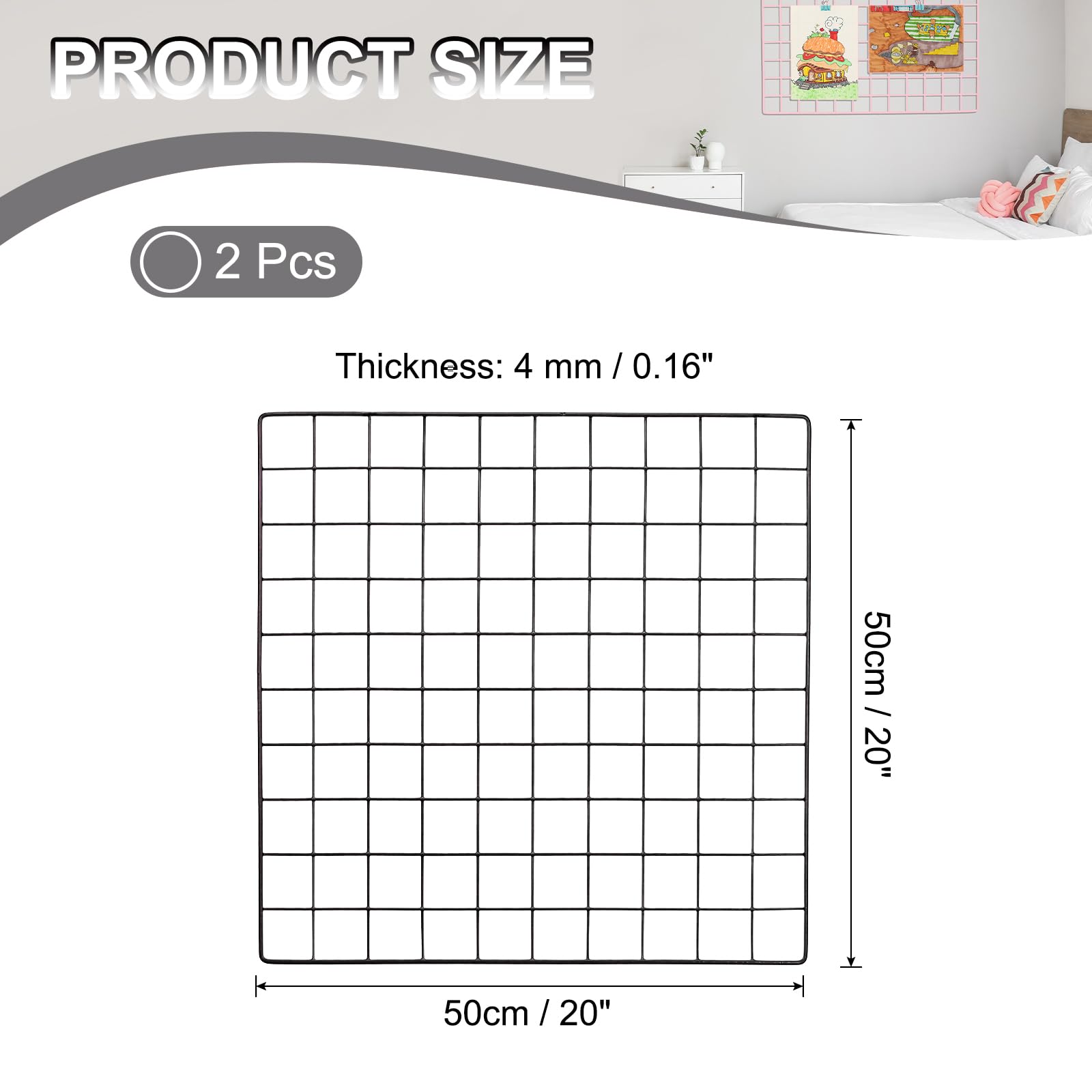 PATIKIL 50x50cm Wire Grid Panel, 2 Pack Board Photo Pictures Memo Display Grid Panels Hanging Organizer Wall Decorative Panel for Home Office Wedding, Black - Image 2