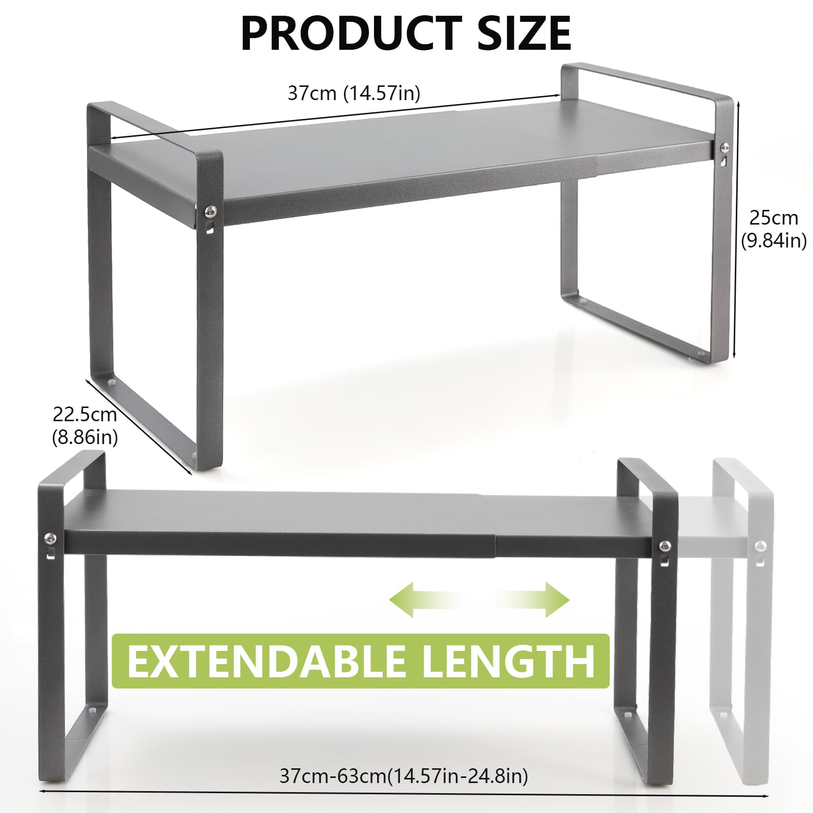 Cozary Scaffale da Cucina Espandibile (37∼63cm), Mensole da Cucina per Stoviglie, Metallo Scaffale Cucina, per Utensili, Snack o Libri, Più Spazio di Appoggio, per Cucina, Banconi, Dispensa, Grigio
