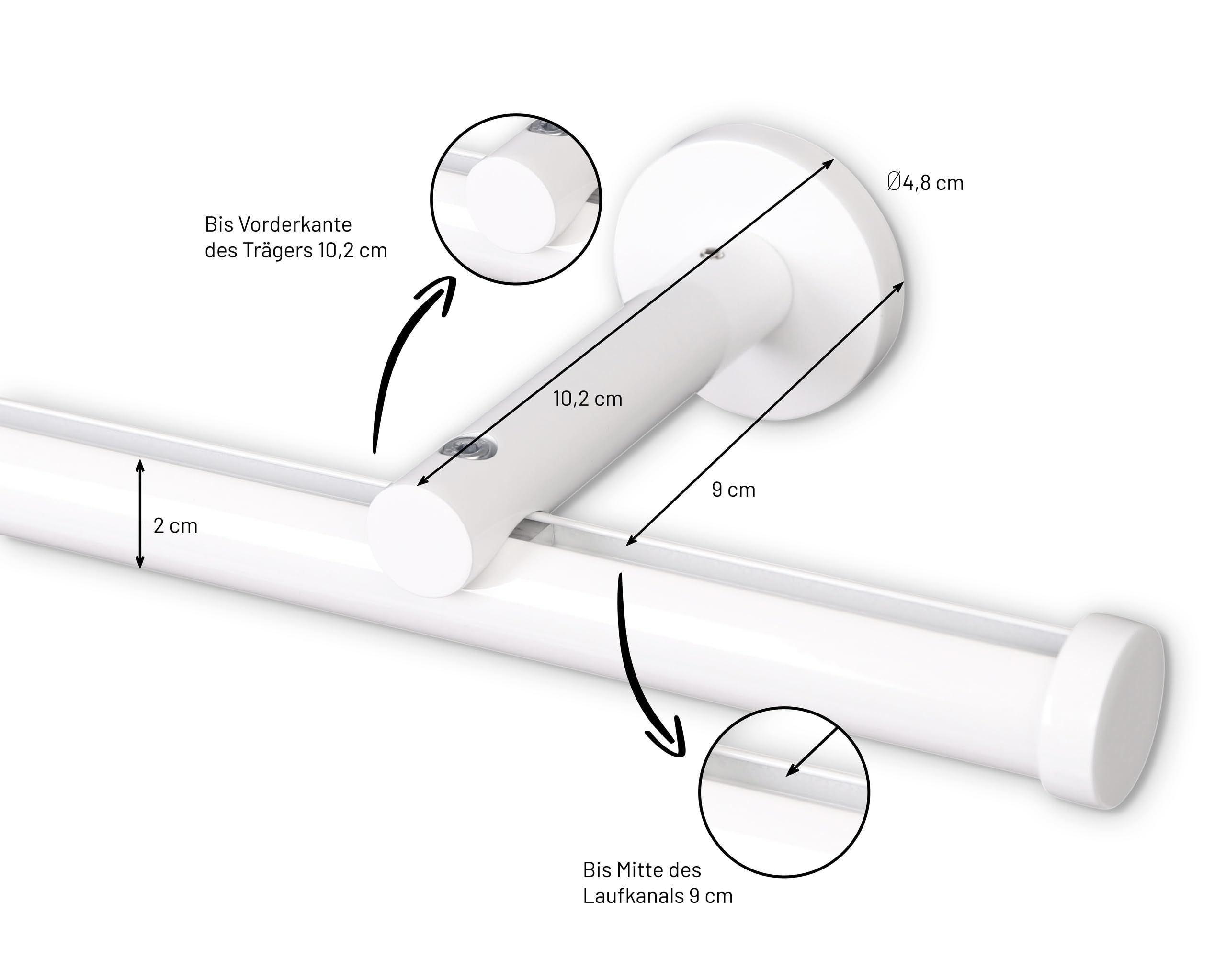 Deco-Raum Gardinenstange auf Maß Innenlauf Modern rund 20mm Wandbefestigung Wandträger mitte Lauf 9cm Vorhangstange Flächenvorhang Schiene Innenlaufstange für Vorhänge Weiß 210cm