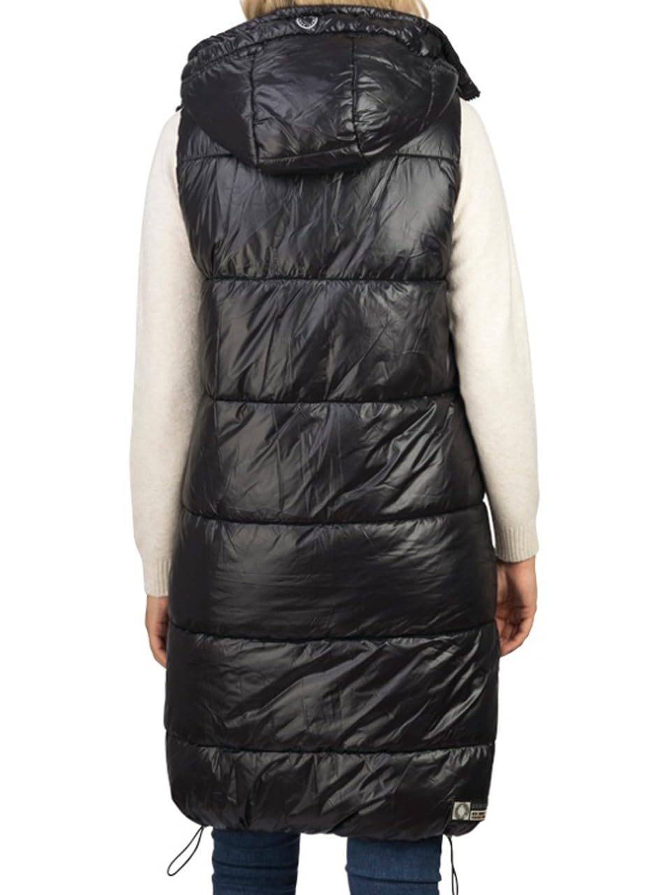 DENIMFY DFCaro Gilet matelassé à capuche pour femme, long, sans manches, avec fermeture éclair, coupe droite, longueur genou, beige, noir, vert, tailles S, M, L, XL, XXL