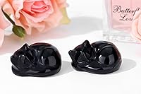 Vista 3 de QINJIEJIE Gato de obsidiana negra, decoración de Halloween, cristales y piedras curativas, estatua de piedra de gatos dormidos, escultura de piedras