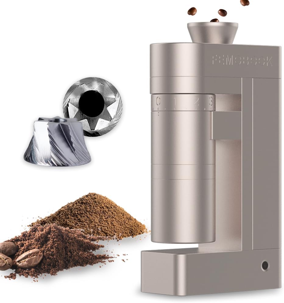 Femobook-A5 Electric Burr Coffee Grinder Battery Version, Cordless USB Rechargeable Single Dose Grinder with Replaceable Batteries, 53mm Stainless Steel Conical Burr, for Espresso & Pour Over, Gold