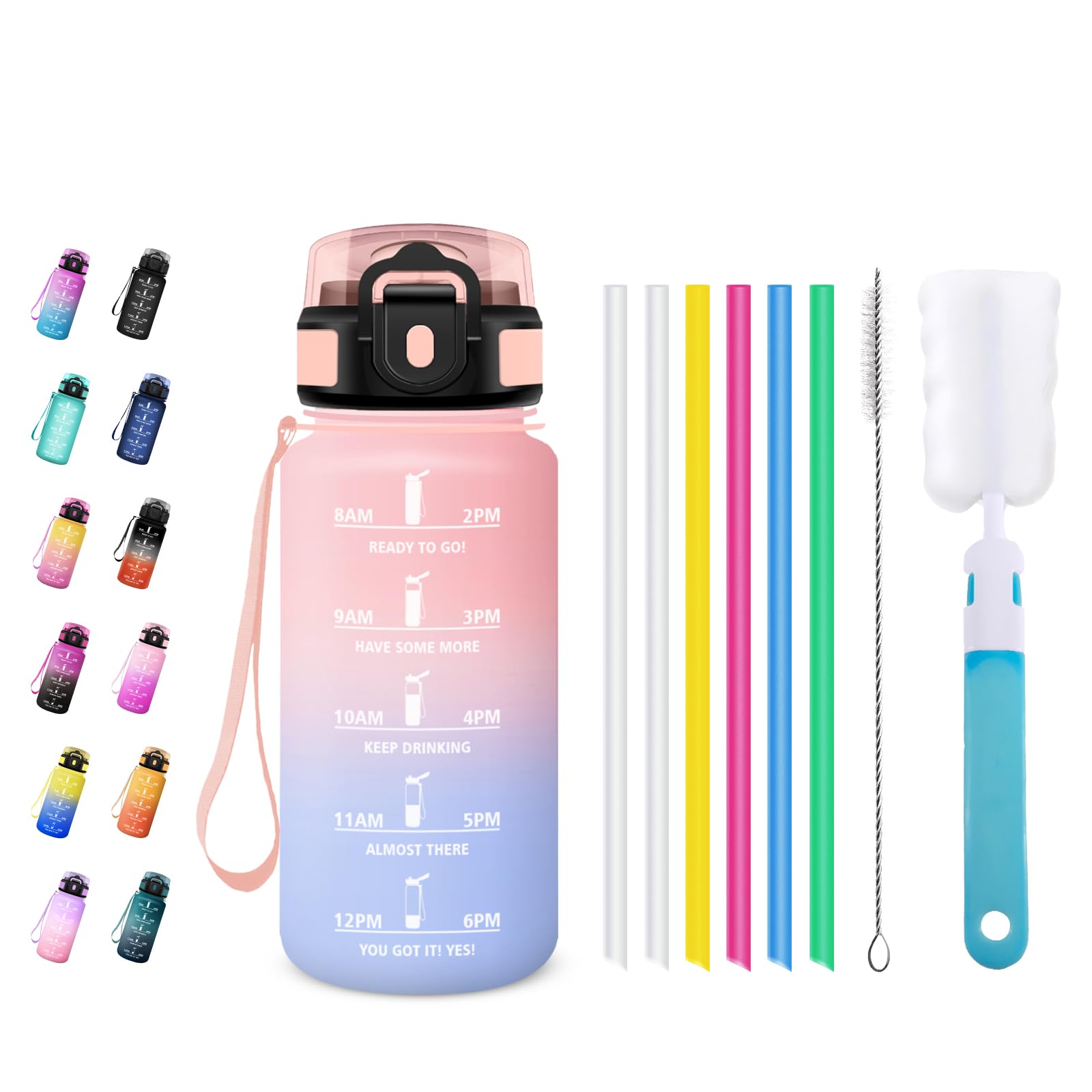 JAPORIA Drinking Bottle 500 ml, Suitable for Carbonated Drinks, Leak-Proof, Sports Bottle with Time Marking, with Straw, for School, Gym, Office