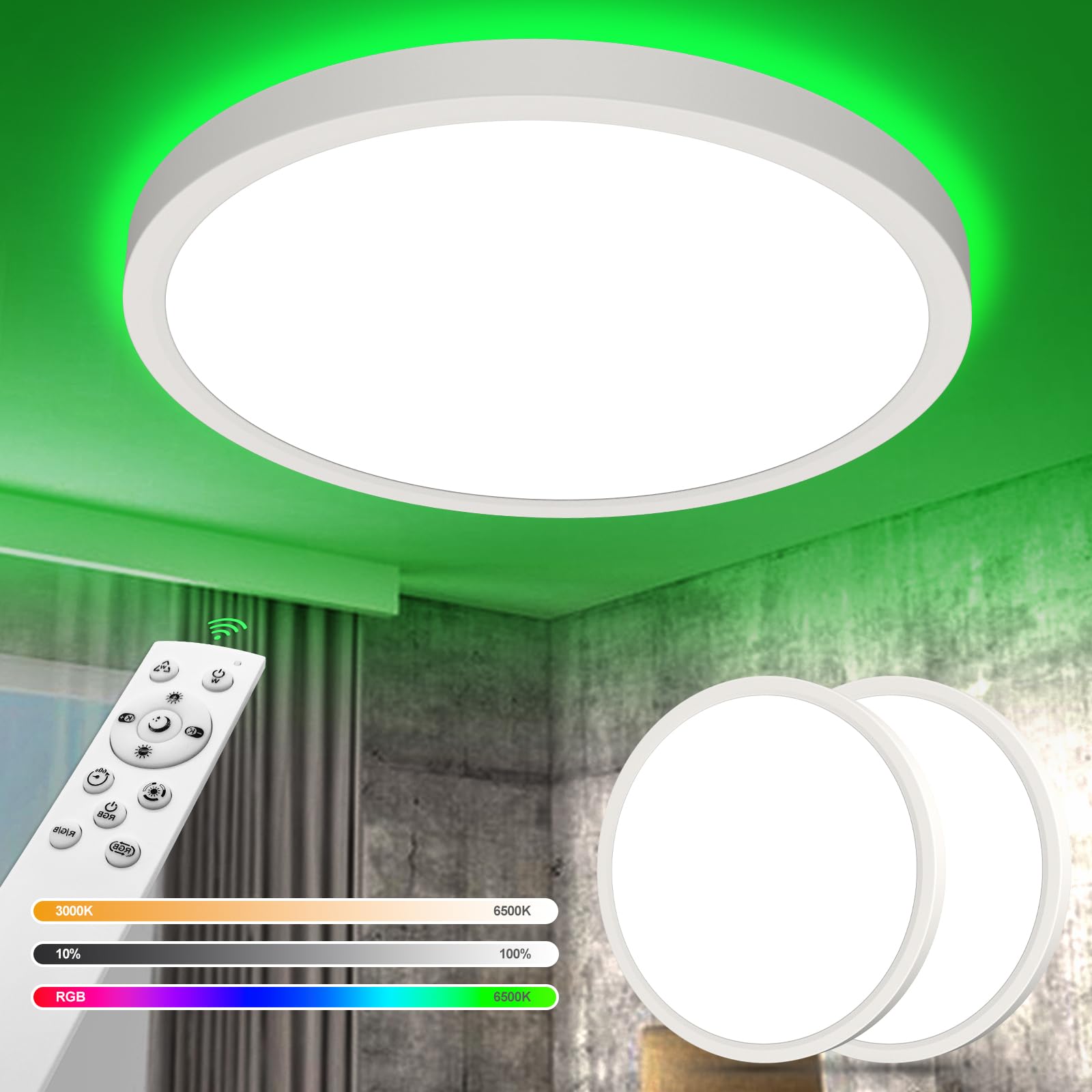 YiLaie 2 sztuki lamp sufitowych LED do ściemniania RGB, 24 W, 2700 lm, lampa sufitowa LED z pilotem zdalnego sterowania, 3000K-6500K, IP44, okrągła lampa sufitowa do sypialni, salonu, łazienki,