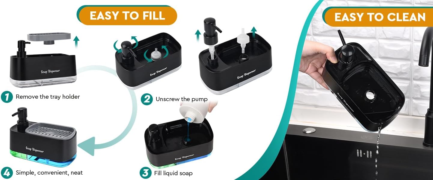 Dual Soap Dispenser Set for Kitchen - 3-in-1 Countertop Organizer with Sponge Holder, Hand & Dish Soap Pump for Kitchen Sink, with 2-Packs Multipurpose Cleaning Scrubber and Sponge,White