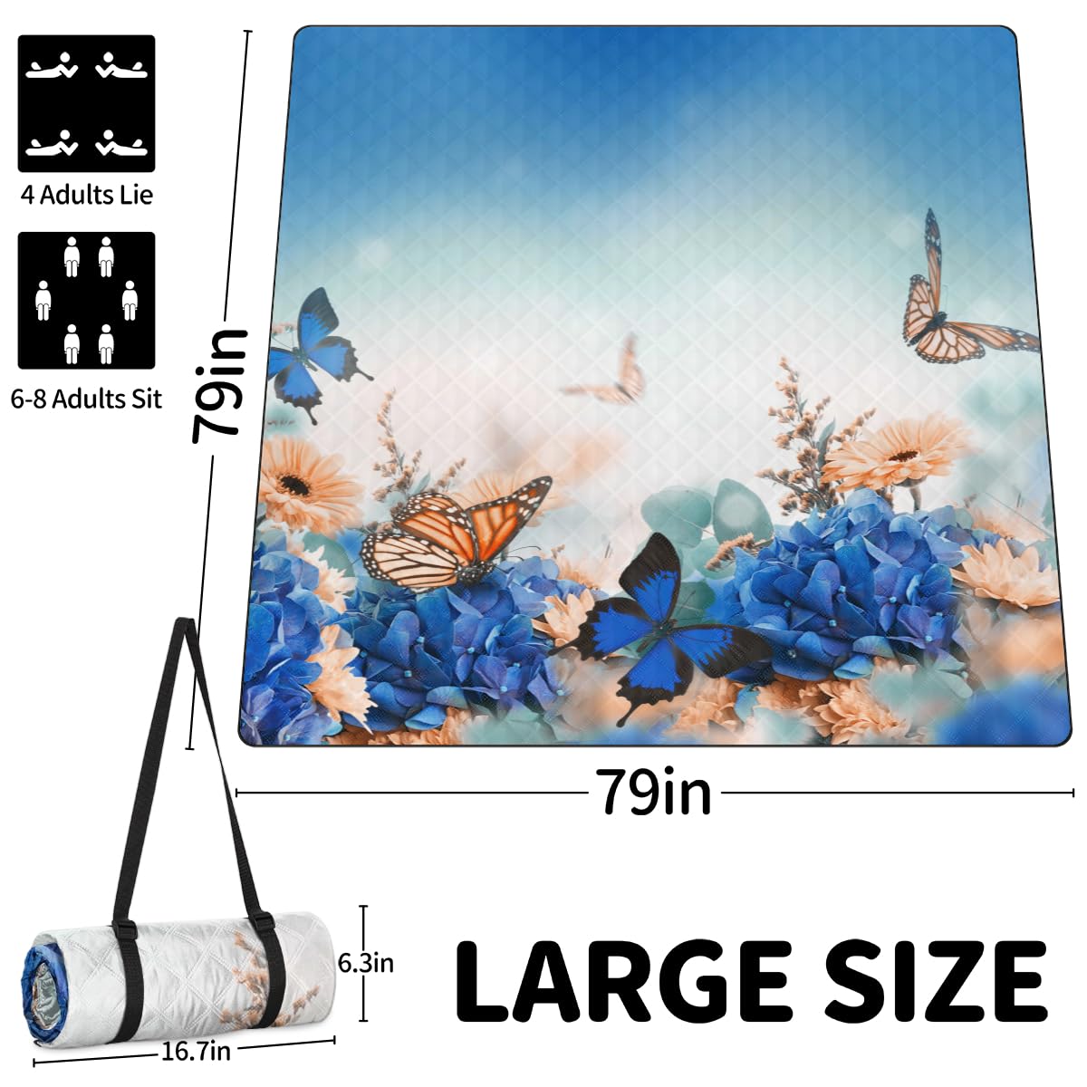 Shimoshe Extra Large Picnic Blankets 79”x 79”, Floral Butterfly Waterproof Foldable Picnic Mat with Straps Portable Beach Blanket for Camping Park Grass Beach Indoor
