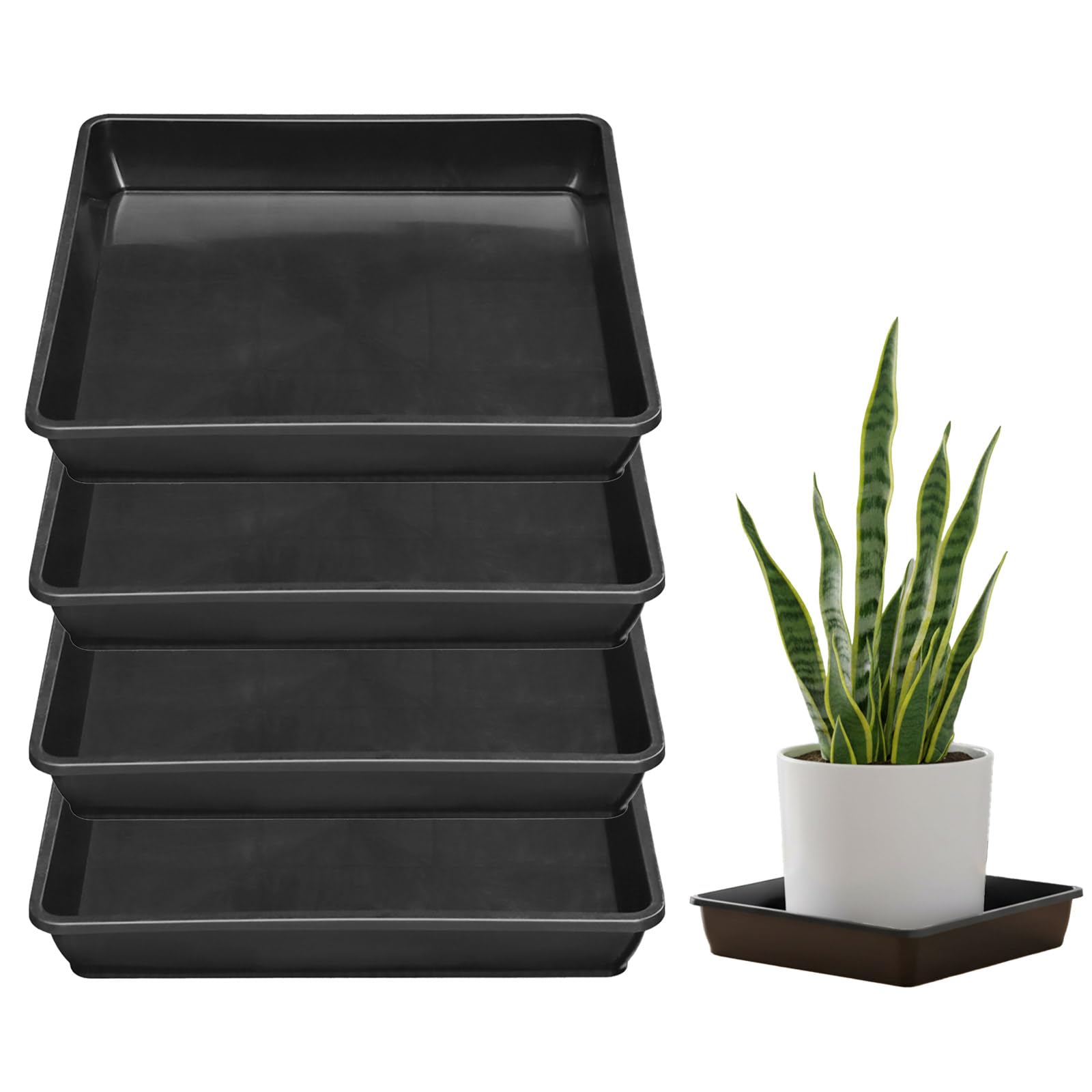 Blumentopf Untersetzer Eckig 4 Stück Schwarz | Hochwertiger Kunststoff, Stoß- und Fallbeständig, Wasserreste Auffangen, für Wohnbereich Balkon Garten M 30 x 30 cm