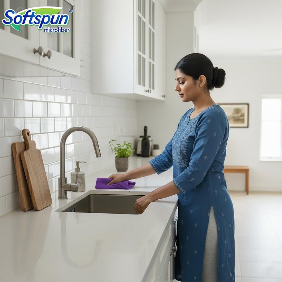 Image of SOFTSPUN Microfiber Cleaning Cloths 5pcs 40x40cms 340GSM Purple! Highly Absorbent, Lint and Streak Free Multi -Purpose Wash Cloth for Kitchen Car Window Stainless Steel Silverware.