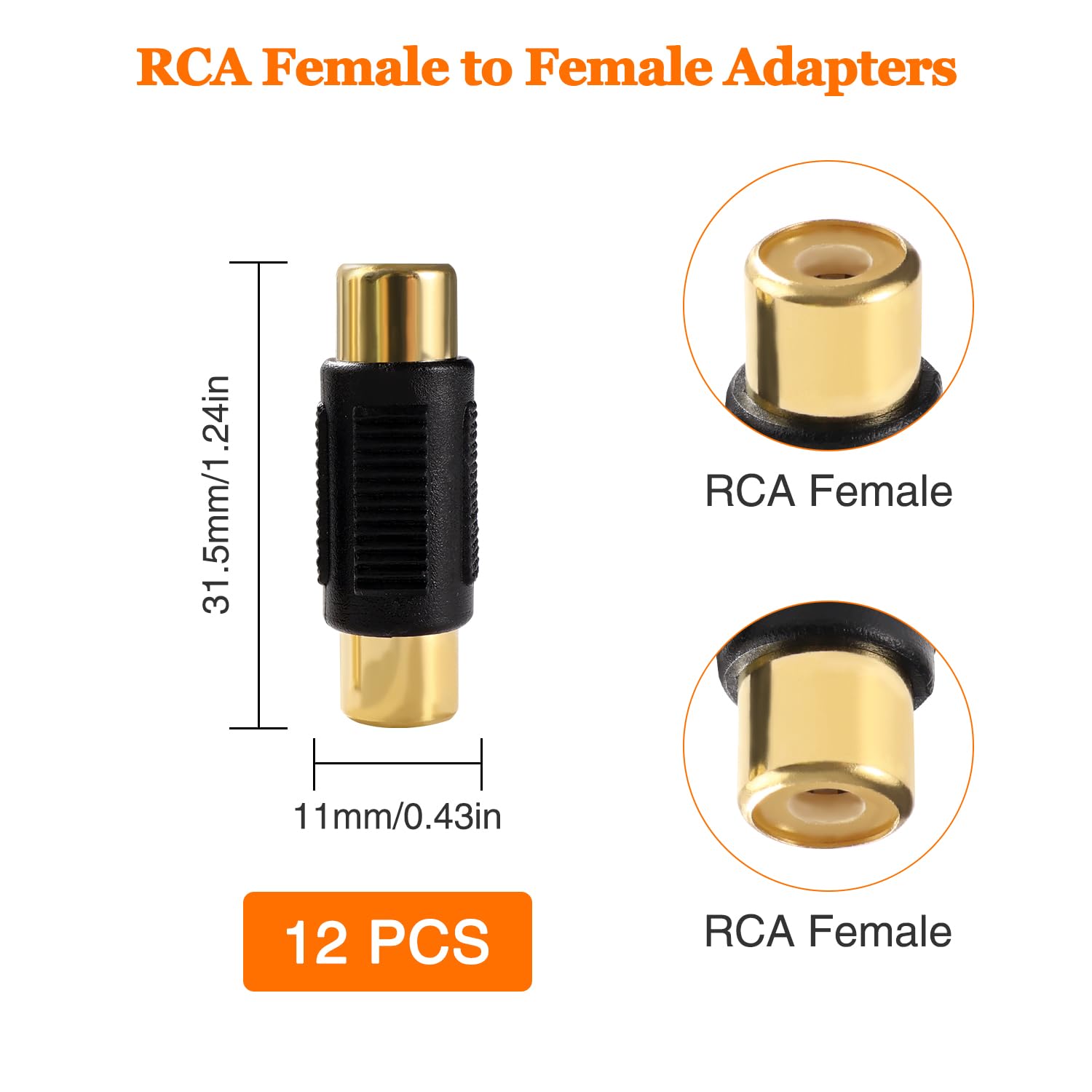 12 Sztuk RCA Żeńskie do Żeńskie Złącze, Adapter RCA Phono Coupler, do Głośników, Gramofonów, Wzmacniaczy, Pozłacane - Czarne