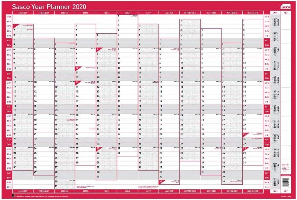 Sasco 2410105 2020 Poster Style Vertical Year and A1 Wall Planner with Wet Wipe Pen & Sticker Pack, 610 x 915 mm (H x W)