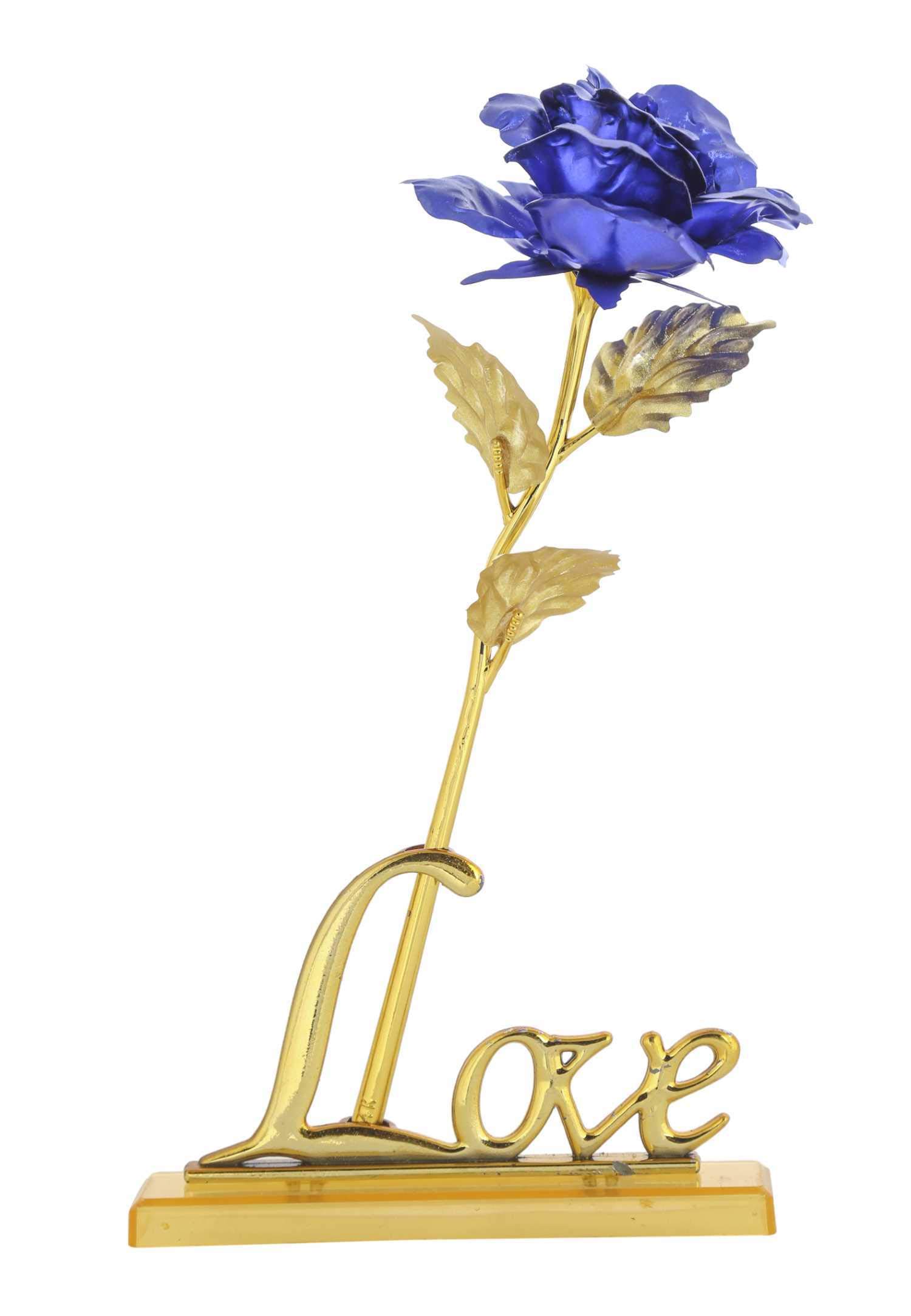 INTERNATIONAL GIFT Blue Rose Flower with Golden Leaf with Love Stand-image-30
