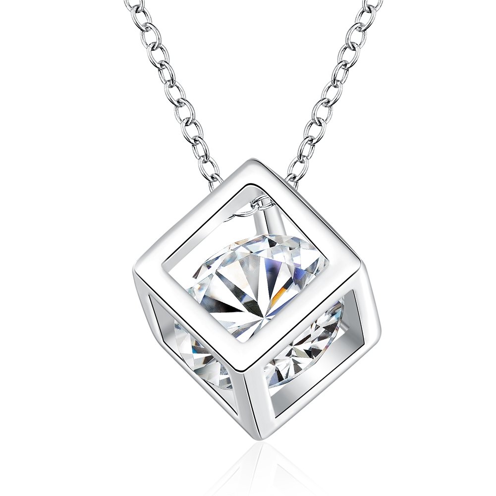 Fashion Sterling Silver 3D Cuble Necklace/Birthstone Cubic Zirconia Diamond Pendant Necklace Sterling silver Jewelry Birthday Gift Anniversary Present