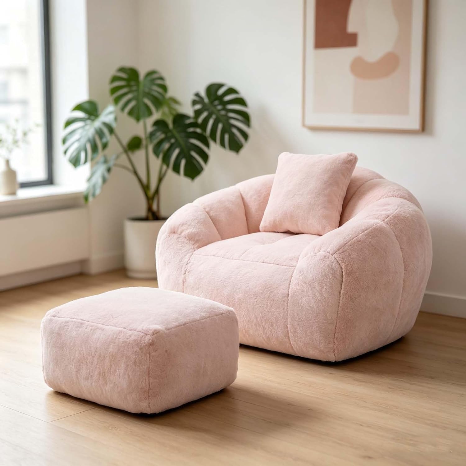 Fluffy Bean Bag Chair with Footrest Cushion Cozy Relaxation Pink