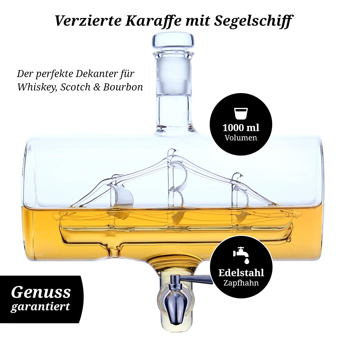 polar-effekt Whisky Barrel Dekanter 1 Liter & Gläser 320 ml mit Gravur - Personalisiertes Männergeschenk - Mit Karaffe, 2 Whiskygläser, Holzständer & Zapfhahn