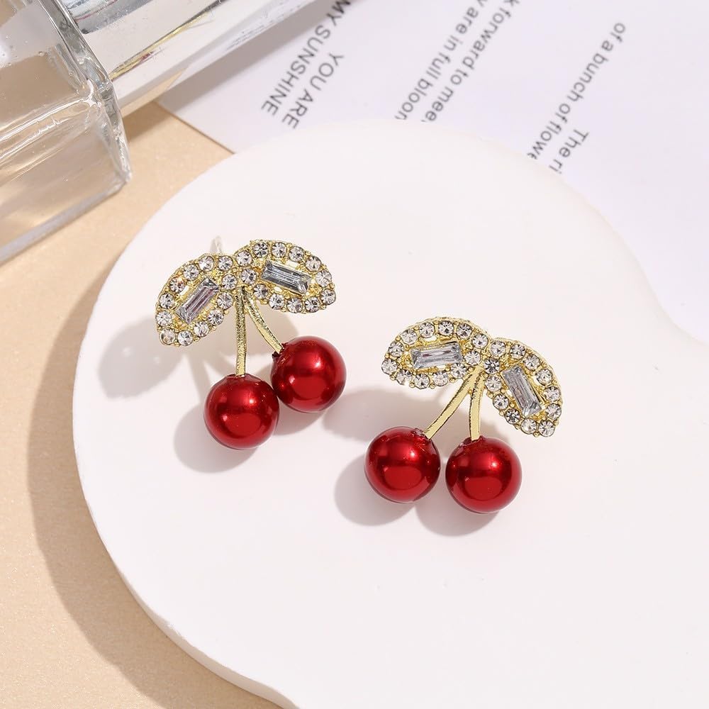 Crystal Red Cherry Stud Earrings for Women Cute Shining Rhinestone Fruit Cherry Dangle Drop Earrings Summer Jewelry - Image 7