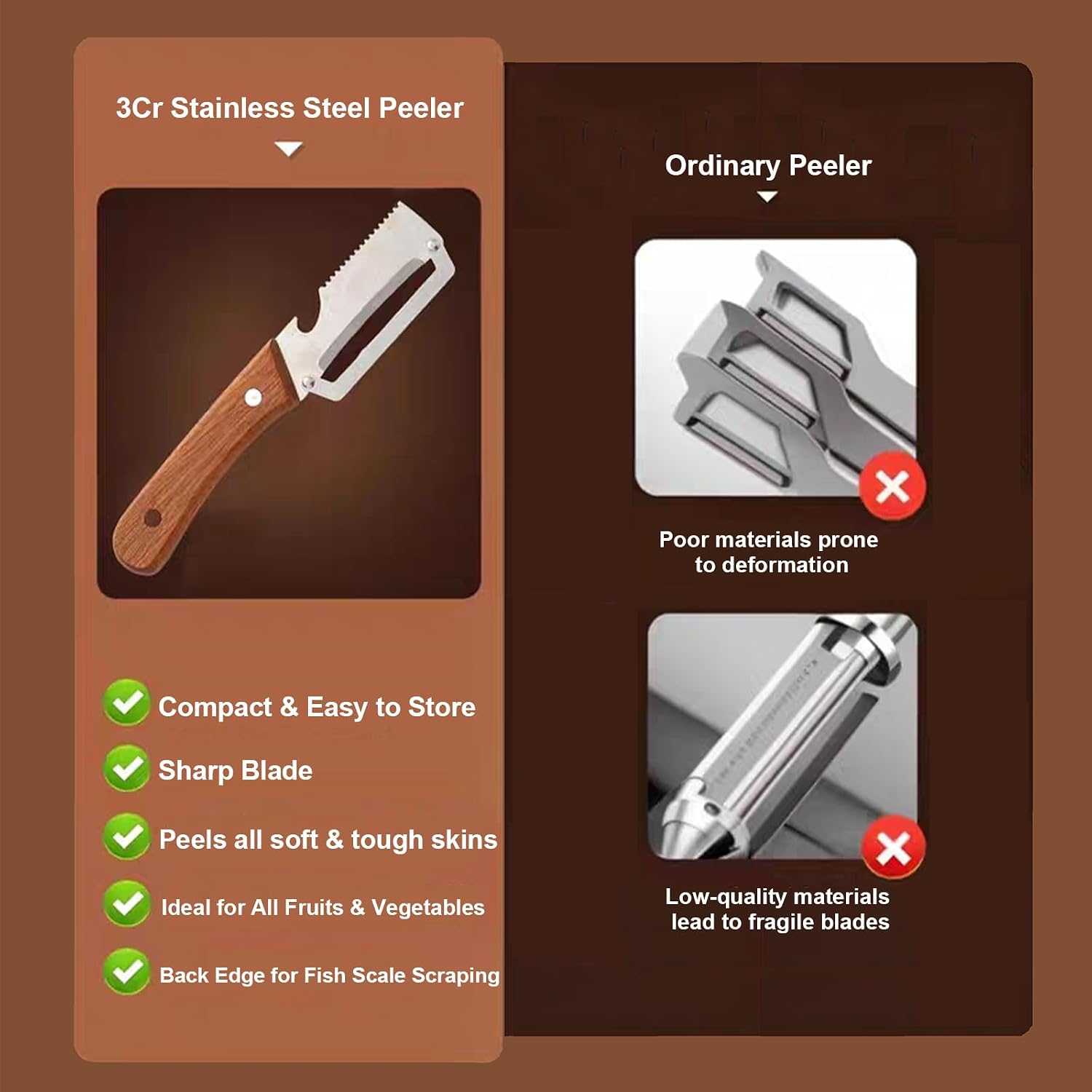 Premium Vegetable Peeler with Wooden Handle and Bottle Openerand Fish-Scaler Bring a Paring Machete,3in1 Ultra-Sharp Stainless Steel Kitchen knife Tool for Fruit Apple Potato Pumpkin Papaya(3PCS) image 5