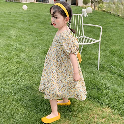 Vestido de verão para meninas com gola redonda e manga curta com laço casual para praia, estampa flo