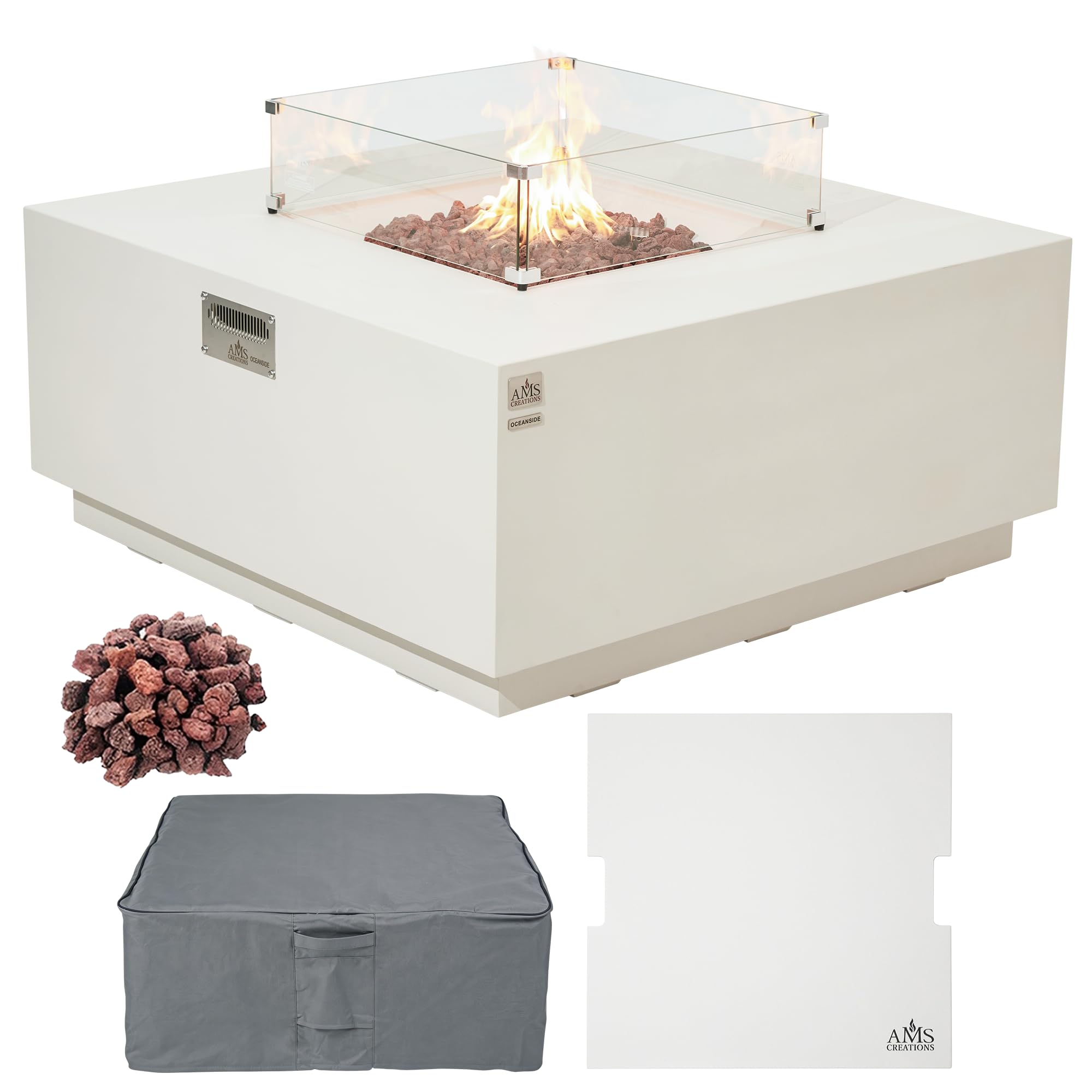 AMS 48" Square Concrete GFRC Propane Gas Fire Pit Table Bundle, Cream White