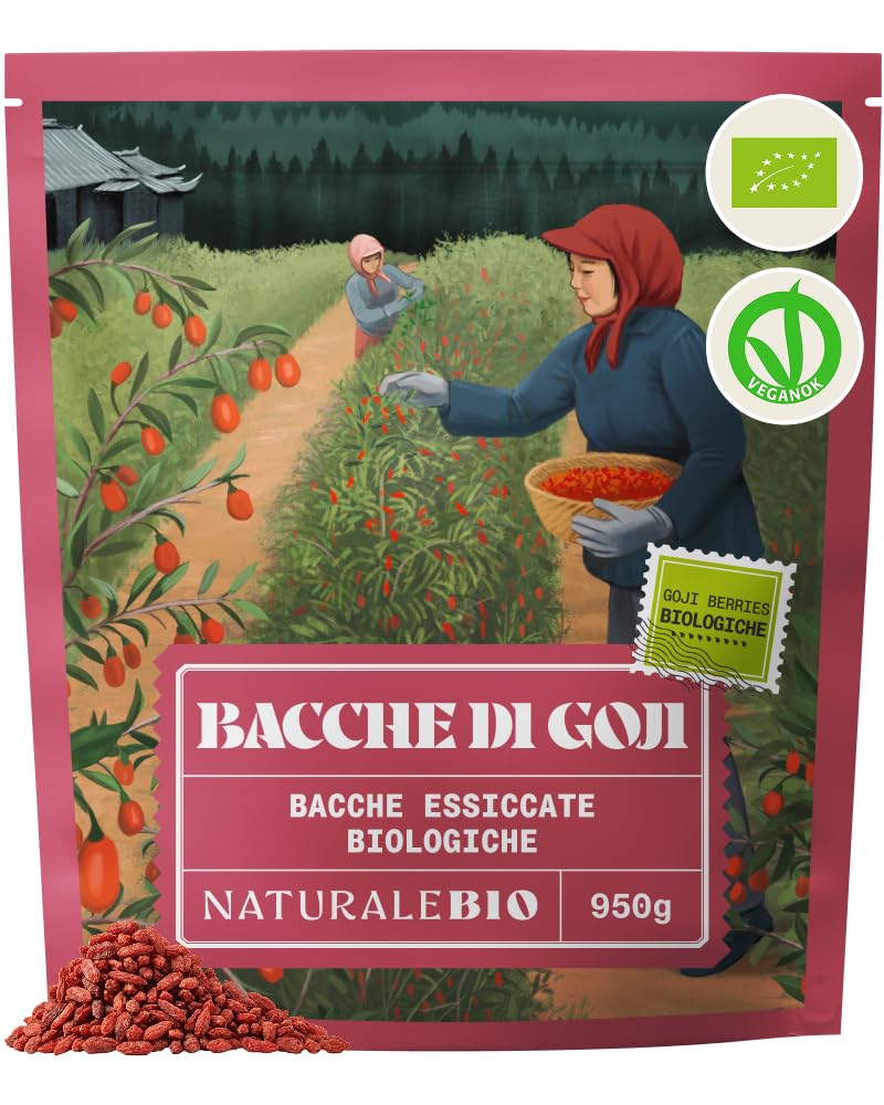 NaturaleBio Bacche di Goji 950 g. Frutta secca tradizionale cinese. Vegano, ricco di fibre. Snack biologico, non OGM e senza glutine.