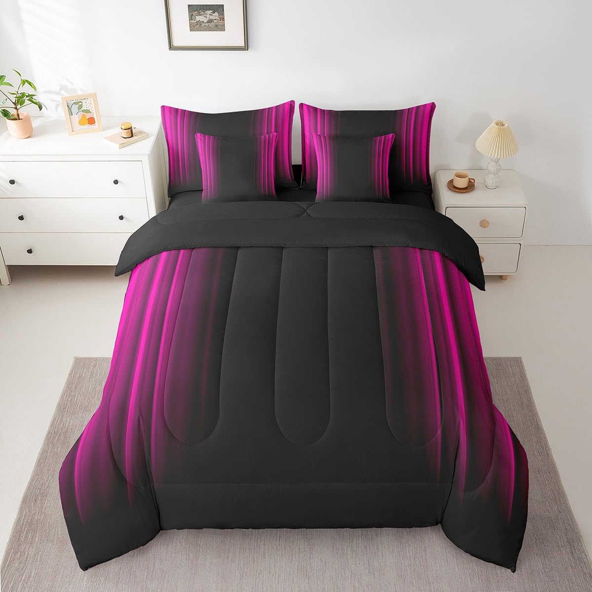 Feelyou Geometric Abstract Ombre Bedding Bed Set Men Adults Teens Rose Red and Black Striped Comforter Set with Sheets Kids Boys Girls Simple Modern
